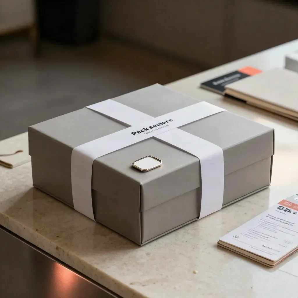 Coffret carré de rentrée réseau avec badge, carnet et passes sur pierre claire.