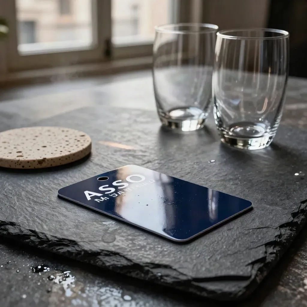 Carte d’événement charbon glissant sur une dalle humide, verres vides et reflets de nuit.