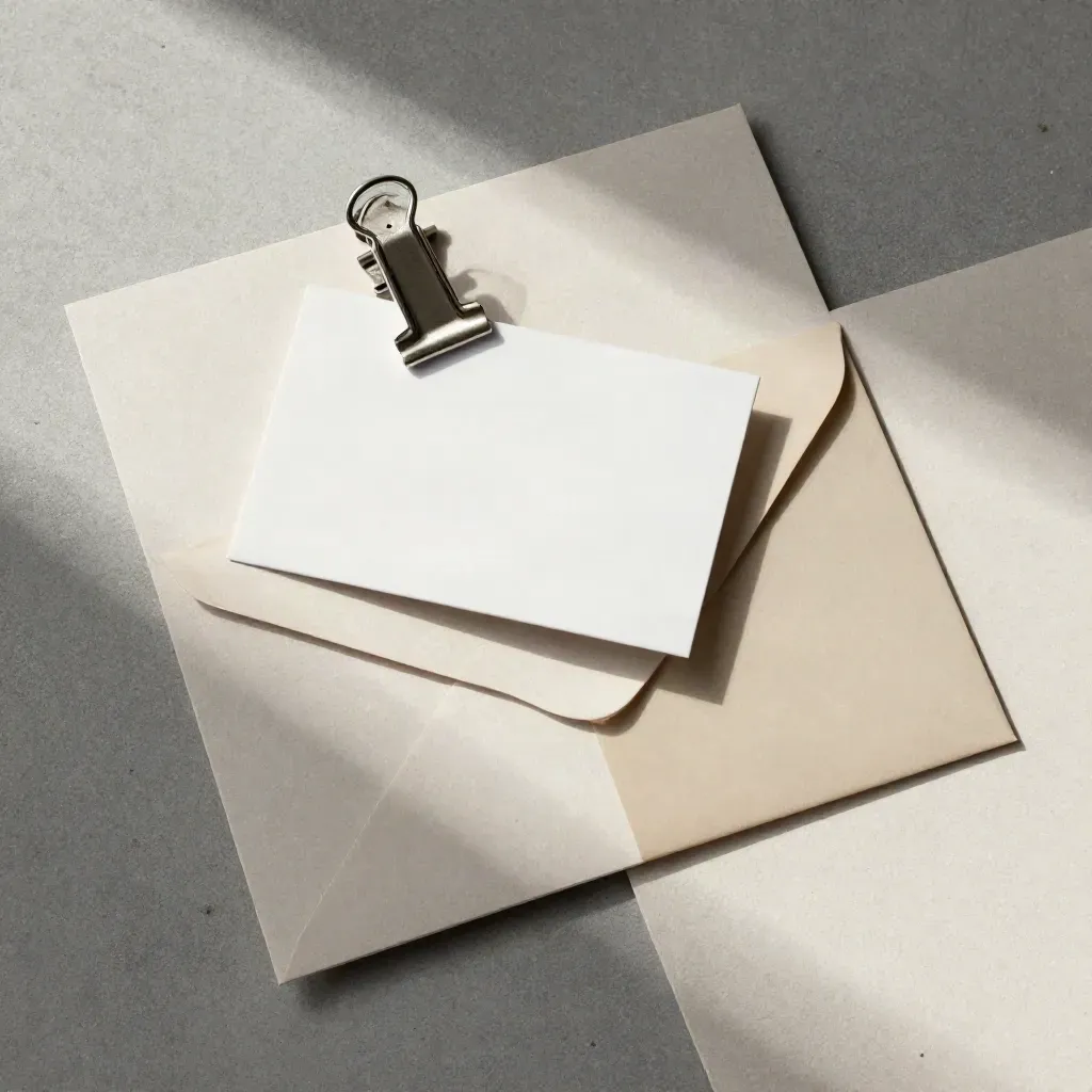 Carte Pass Job Marketing, enveloppe fine et trombone sur papier mat, vue zénithale.