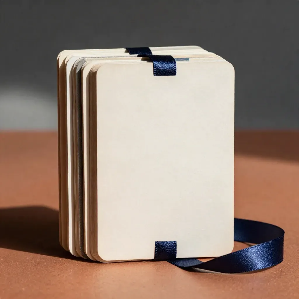 Cartes d’adhésion en éventail sur socle terracotta, rubans bleu marine, lumière douce studio.