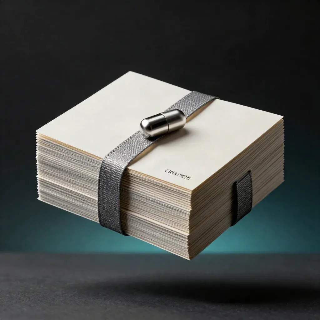 Pack de cartes fines et livret fermé suspendus, avec capsule métallique et ruban tissu.