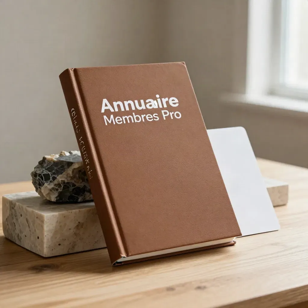 Carnet rigide d’annuaire membres pro contre des blocs minéraux sur table en bois clair.