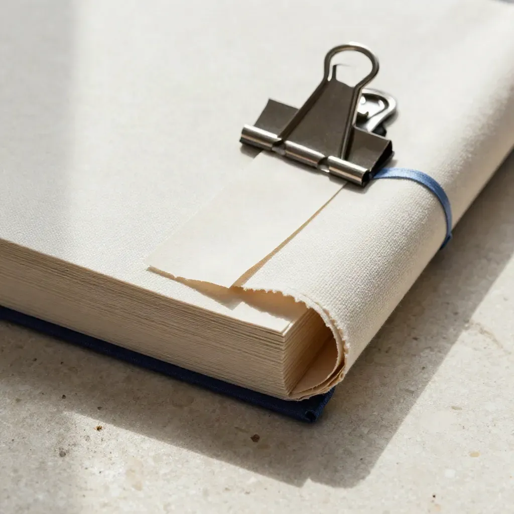 Gros plan d’un pack de veille mensuelle en papier épais, sortant d’une toile brute.