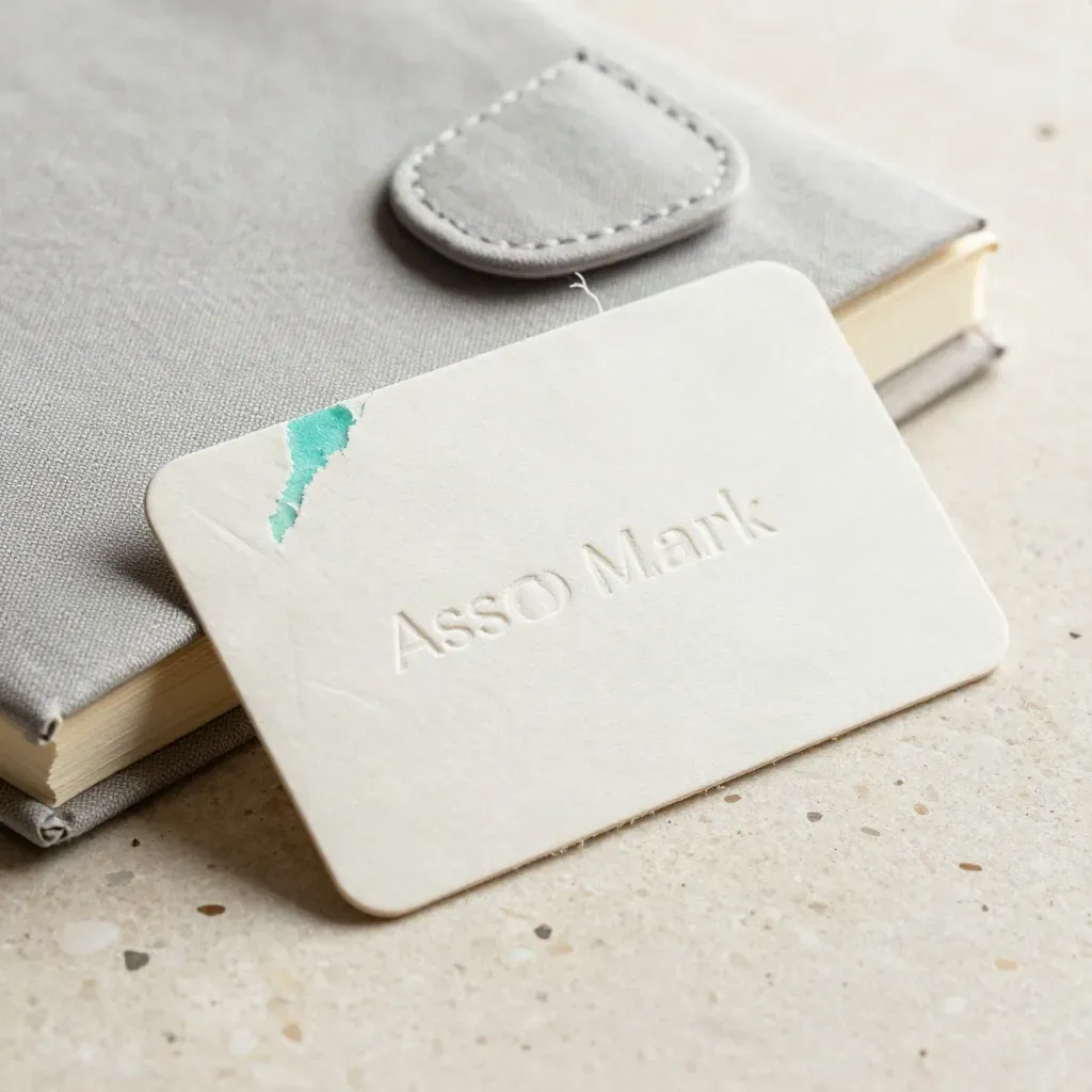 Gros plan d’une carte d’adhésion étudiant en carton texturé, papier froissé, pochette lin, carnet fermé.