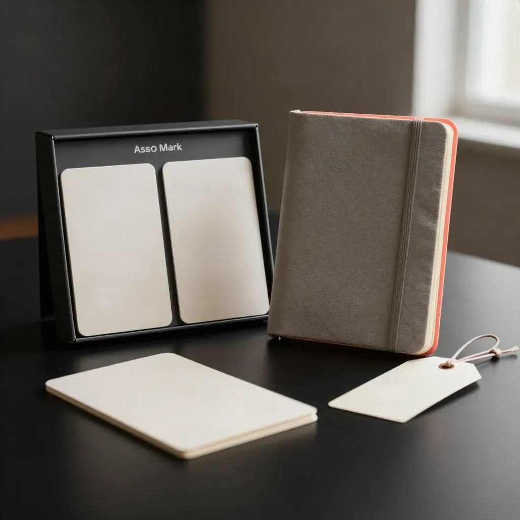 Coffret équipe d’automne avec deux passes, carnet épais et étiquette vierge sur fond sombre.