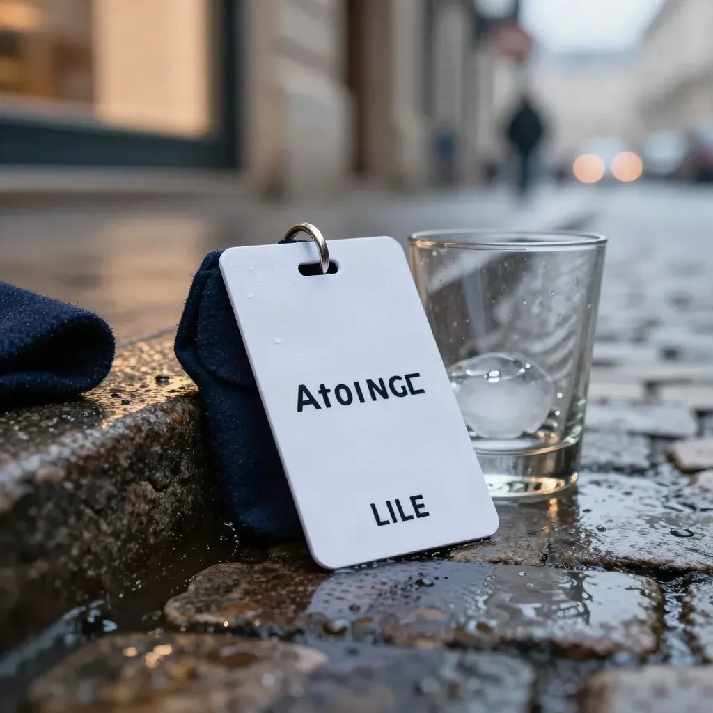 Pass Afterwork Lille appuyé sur des pavés mouillés, verre vide et brume urbaine.