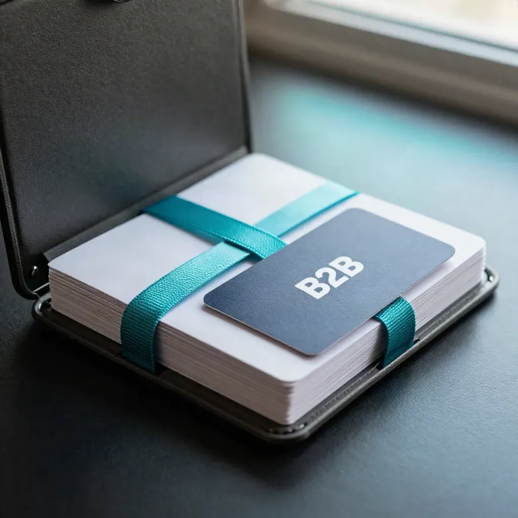 Passes pour webinaire B2B et étui rigide sur fond sombre, accent turquoise.