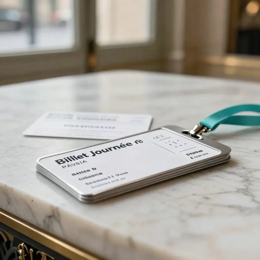 Billet épais avec porte-badge sur marbre clair, ambiance de hall parisien.