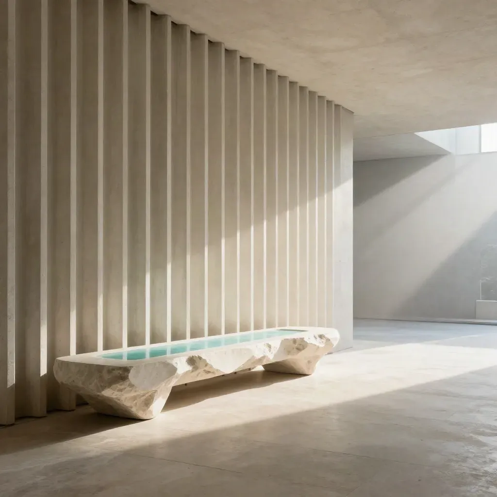 Galerie en béton clair baignée de lumière avec banc minéral et sol calme pour le texte