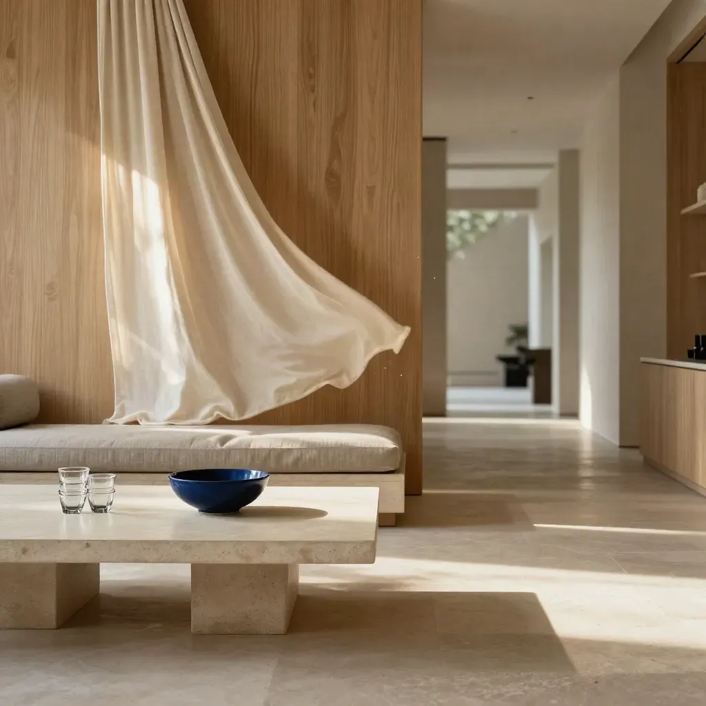 Salon lumineux en bois blond, table en pierre et rideau écru pour un événement réseau.