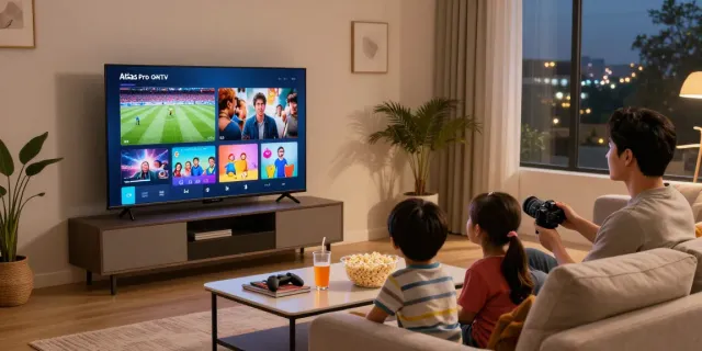 Profitez de moments en famille avec Atlas pro ontv dans un salon chaleureux et moderne.
