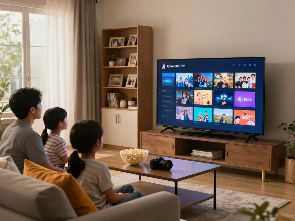 Télévision affichant Atlas Pro IPTV dans un salon moderne, famille rassemblée autour.